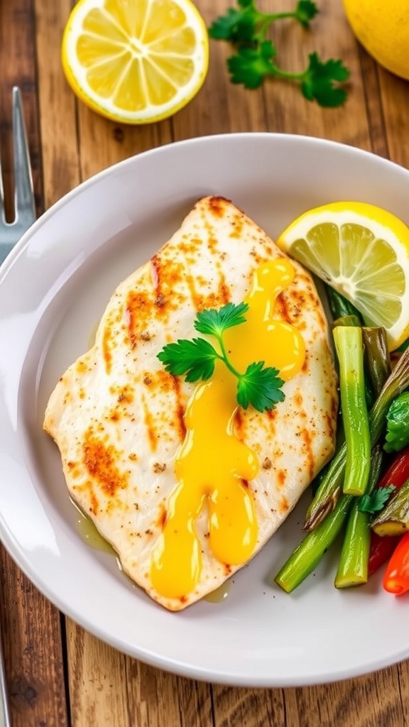 Pan-Seared Tilapia with Lemon Butter Sauce Pan-seared tilapia fillet with lemon butter sauce and parsley on a rustic table.